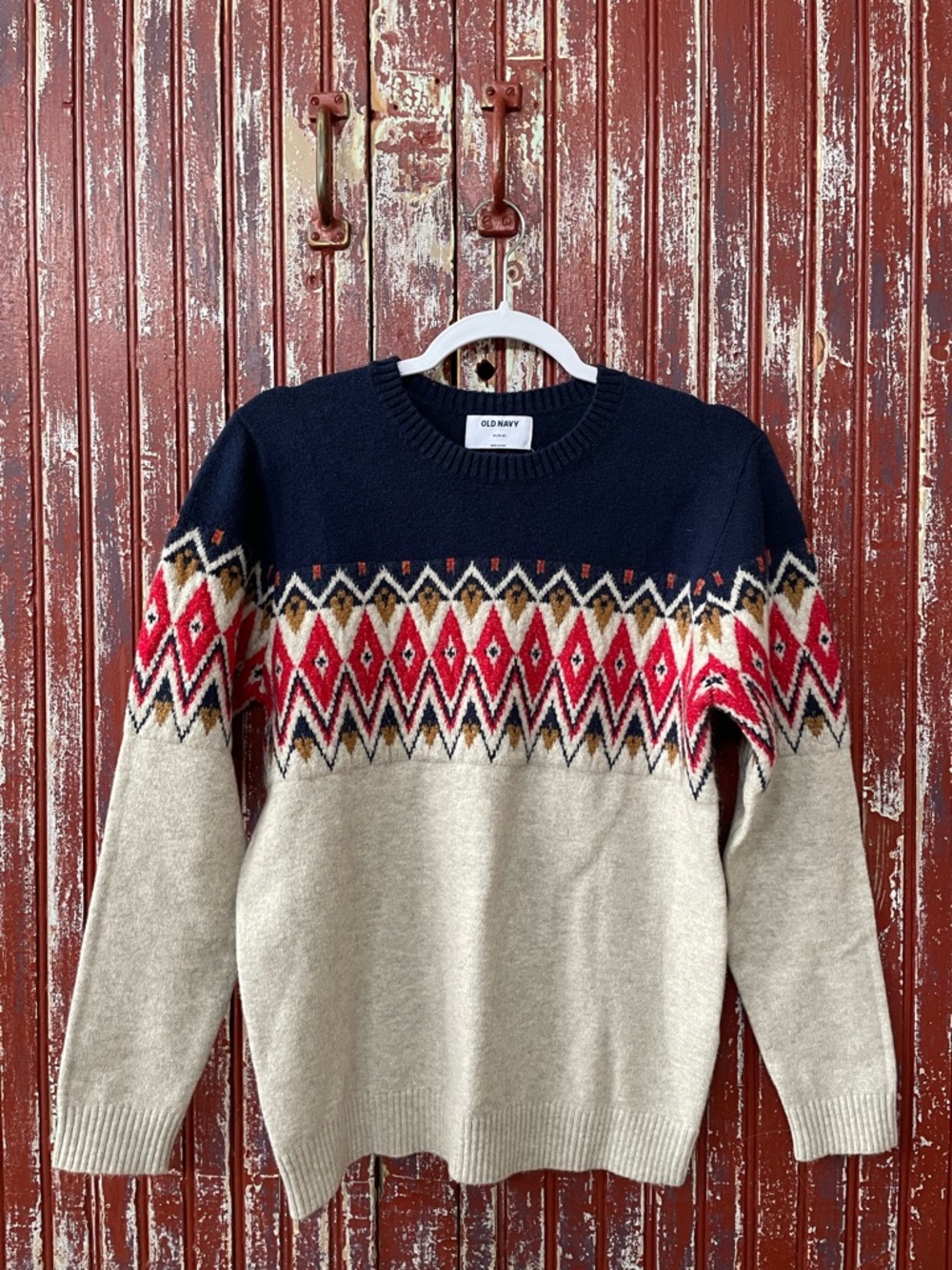 NWT Old Navy Boy's Navy and Cream Fair Isle Crewneck Sweater (XL 14-16)